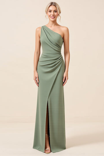 Matcha One Shoulder Chiffon Ruched Long Bridesmaid Dress with Slit
